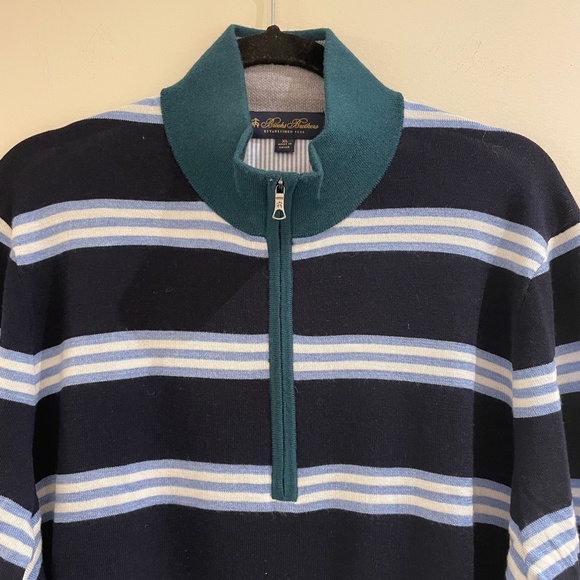 BROOKS BROTHERS 100% Merino Wool Half-zip Navy Stripes Sweater XL Classic Club - Picture 4 of 14